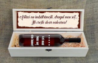 Sticla vin personalizata pentru sot in cutie de lemn