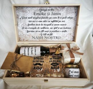 Set cadou pentru nasi cu pahare personalizate, ciocolata, vin, lumanare parfumata si magnet foto