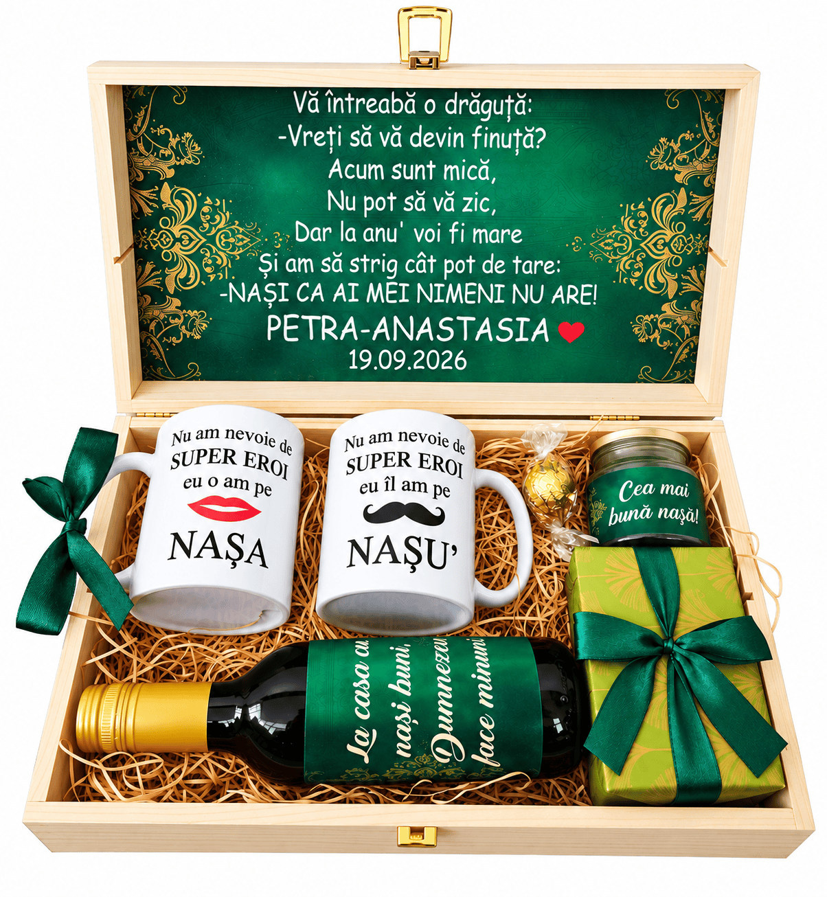 cadou tematica verde eleagant din partea finutei pentru nasii de botez